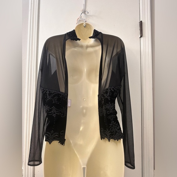 Tadashi Shoji Vintage Black Velvet Sheer Beaded Top with Mesh, Size XL - Picture 4 of 14